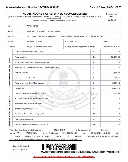 BIJUR SOOPER FOODS FY24-25 AY25-26 ACK