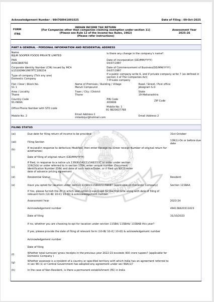 BIJUR SOOPER FOODS FY24-25 AY25-26 ACK